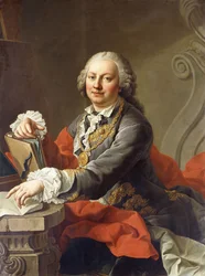 Portrett av kunstneren, halvlang, sittende foran en steinhylle,