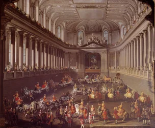 Karusellen av den spanske manesjen i Wien for å feire det franske nederlaget i Praha i 1763, Marie Therese fra Østerrike (1717-1780) er representert på den hvite hesten Maleri av skolen til Martin Meytens (1695-1770) 1700-tallets Wien. Kunsthistorisk Mus