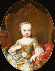 Portrett av hans søster, erkehertuginnen Maria Christine, sittende, tre-kvarts lengde, i en gullbrodert blå kjole som holder en krans av blomster,