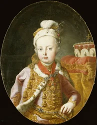 Portrett av erkehertug Joseph, senere keiser Joseph II av Østerrike, halv lengde, i en gullbrodert rosa fløyelsjakke med hermelinstrimler, en fjærkledd lue prydet med en brosje og iført ordenen til det gylne skinn,
