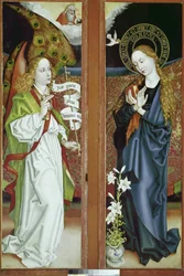 Bebudelsesaltertavlen av Orlier. Maleri av Martin Schongauer (1453-1491), olje på tre. Colmar, Unterlinden Museum