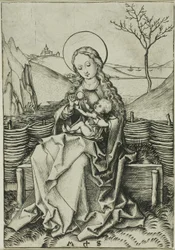 Madonnaen og barnet på en gresskledd benk