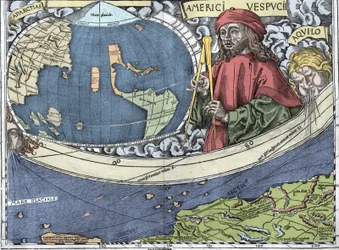 VESPUCCI, Amerigo (1454-1512). Italiensk oppdagelsesreisende og kartografi på «Waldseemüller-kartet eller Universalis Cosmographia - (Universell kosmografi) - Waldseemüller-planisfæren» - 1507 -