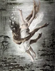 Marinemonster som bortfører en ung kvinne (detalj fra 14299), "" Allegorien", Martin Gerlach, ca. 1900.