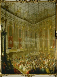 Bryllupskonsert for keiser Josef II og Isabella av Parma; serenade i Redoutensaal i Wiens keiserpalass … (olje på lerret)