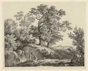 Landskap med en foss og en hvilende familie