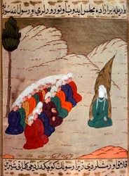 Representasjon av profeten Muhammed (Mohammed eller Muhammad) (570-632) (ansiktsdekket) som forkynner for medlemmer av stammen Abd al-Muttalib (Abd al-Muttalib) Miniatyr fra «Siyer-i Nebi» (Siyer i Nebi) epos dikt om livet til profeten Muhammed wr