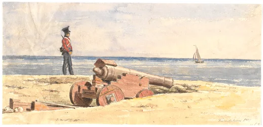 Sentinel og kanon på stranden ved Frederikshavn