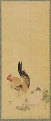 Hane, høne og kylling, Edo-perioden, 1700-tallet.