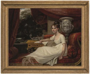 Portrett av Eleanor Anne Porden, Lady Franklin (1795–1825), på en sjeselong (olje på lerret)