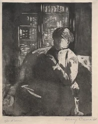 Strikking i biblioteket, ca. 1881.