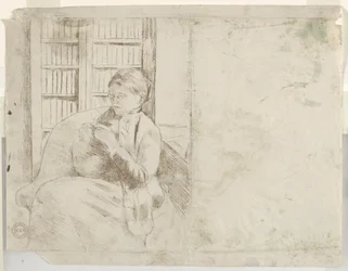 Strikking i biblioteket verso, ca. 1881.