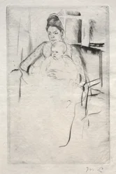 Mrs. Gardner Cassatt og hennes baby sitter nær et vindu, ca. 1887.