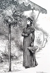 En kvinne som kjøper kristtorn for å bruke til julepynt. Av Mary Ellen Edwards (1838-1934), en engelsk kunstner