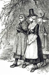 En gravering som viser walisiske jenter på en Hollantide-messe, en ansettelsesmesse, som venter på å bli engasjert som hushjelp. Illustrert av Mary Ellen Edwards (1838-1934), en engelsk kunstner og illustratør av barnebøker