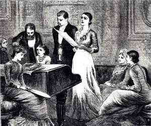 En gravering som viser en musikalsk kveld. Illustrert av Mary Ellen Edwards (1838-1934), en engelsk kunstner og illustratør av barnebøker