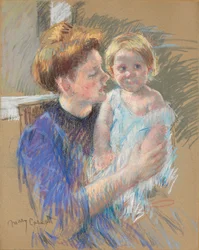 Mor i lilla som holder barnet sitt, ca. 1914
