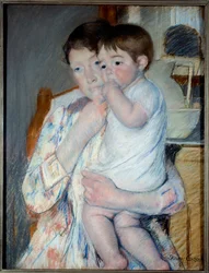 Kvinne og barn foran et nettbrett hvor et syltetøy og en bolle er plassert. Maleri av Mary Cassatt (1844-1926) Ec. Er