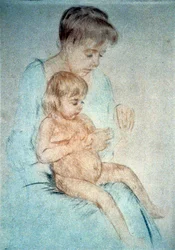 Kvinne med et lite nakent barn på fanget mens hun steller barnets fingernegler, omkring 1904. Mary Cassatt (1844-1926), amerikansk maler og grafiker som fra 1866 hovedsakelig bodde i Frankrike. Hjemlighet, mor, barn