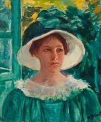 Ung kvinne i grønt, utendørs i solen (hodet til en ung kvinne), ca. 1914 (olje på lerret)