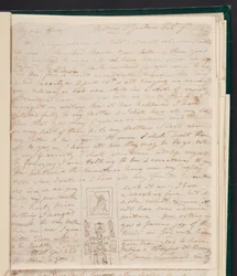 Elizabeth Gwillim ved skrivebordet sitt, skisse i et brev til Hester James, 7. februar 1802 (blekk på papir)