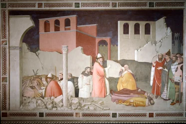 Episoder av nyttårsaften: Pave Saint Sylvester I (Silvester eller Silvestro) (314-335) lukker munnen til dragen (til venstre) og gjenoppliver to magiterrasser ved dragens pust (pave Sylvester I vender bort en drage og gjenoppliver dens ofre) - Fre