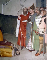 Episoder av nyttårsaften: Pave Saint Sylvester I (Silvester or Silvestro) (314-335) hever to mages (Saint sylvester hever to mages) Fresco av Maso di Banco (kjent rundt 1341-1346) Firenze fra 1300-tallet, Chiesa di Santa Croce , Cappella Bardi