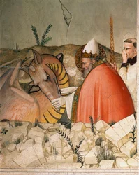 Episoder av livet på nyttårsaften: Pave Saint Sylvester I (Silvester eller Silvestro) (314-335) lukker dragens munn. Detalj. Fresco av Maso di Banco (kjent rundt 1341-1346) Firenze fra 1300-tallet, Chiesa di Santa Croce, Cappella Bardi