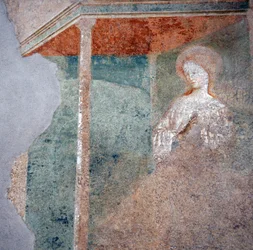 Fresco av Masolino da Panicale i dåpskapellet i Castiglione, detalj av kunngjøringen (2)
