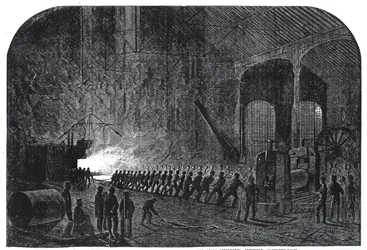 Valsing av panserplater til Hennes Majestets skip ved Atlas-stålverkene i Sheffield, illustrasjon fra «The Illustrated London News», 14. september 1861