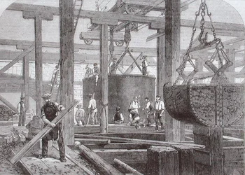 Utsikt over byggearbeid som finner sted ved Blackfriars Bridge for London, Chatham og Dover Railway som viser synkingen av en sylinder for en av de sirkulære steinbryggene
