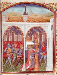 Attentatet på en konge. Miniatyr hentet fra «Cases of noble men and women unfortunes» (De casibus) av Giovanni Boccaccio, kalt Jean Boccaccio (1313-1375), italiensk forfatter, oversatt av Laurent de Premierfait og illuminert av Mesteren fra Dunois (15.