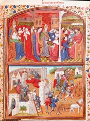 Prolog: forfatteren presenterer boken sin til hertugen av Berry og scenen for massakren av plogere Miniatyr hentet fra "" Cases of noble men and women unfortunes"" (De casibus) av Giovanni Boccaccio dit Jean Boccace (1313-1375), italiensk forfatter , overs