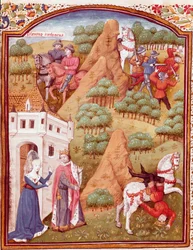 Seleukos I Nikator og hans far Antiokhos, konge av Asia og Syria. En av de to kongene blir myrdet, hesten faller. Miniatyr hentet fra «Des cas des nobles hommes et femmes infortunes» (De casibus) av Giovanni Boccaccio, kalt Jean Bo