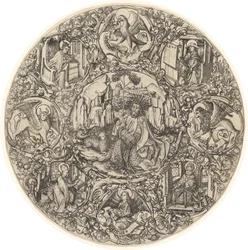 Døperen Johannes i villmarken med Guds lam, omgitt av symbolene til evangelistene og kirkens fire fedre