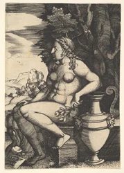 Sitter naken ved siden av en vase, 1537.