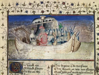 Trojaneren Brutus setter seil for Storbritannia, fra The History of the Kings of Britain av Geoffrey av Monmouth (1100-54)