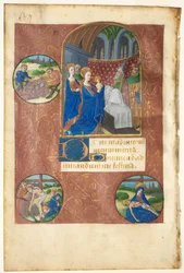 Blad fra en timebok: Presentasjon i tempelet med runddeler av loddkasting..., c1460