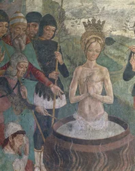 Italia, Piemonte-regionen, Alessandria-provinsen, Serralunga di Crea, Sacro Monte di Crea, Sanctuary of Santa Maria Assunta, Kapellet til St Margaret av Antiokia, lidenskap til St Margaret av Antiokia, detalj