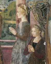 Italia, Piemonte-regionen, Alessandria-provinsen, Serralunga di Crea, Sacro Monte di Crea, Sanctuary of Santa Maria Assunta, Kapellet til St. Margareta av Antiokia, Fresco som viser Paleologo og Bernarda di Bosse