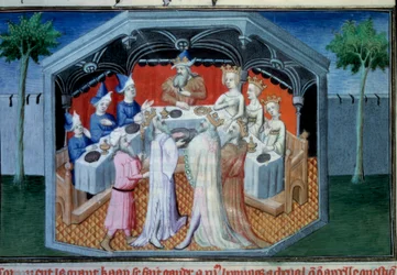 Brødrene Nicolo og Matteo Polo, far og onkel til den unge Marco Polo (1254-1324) ble mottatt i hoffet til Qubilai (Kubilai Khan, første keiser av det mongolske Yuan-dynastiet (1215-1294), mongolsk keiser i 1271). Miniatyr hentet fra "" The