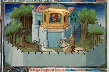 Gran Khan-palasset i Pekin (Beijing) Dette er Qubilai (Kubilai Khan, første keiser av det mongolske Yuan-dynastiet (1215-1294) eller Ghengis Khan (1167-1227). Jaktscene. Miniatyr hentet fra "" The Book of Wonders of the Verden””” Ms. 2810 Folio 197v enlumi