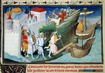 Den store khanen mot japanerne eller "Hvordan mennene i den store khanen som omringet øya tok byen til sine fiender." Miniatyr hentet fra "" The Book of Wonders """ av Marco Polo (1254-1324). Opplyst av Master of Egerton