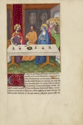 Judas sitter ved et bord mellom Kristus og Jomfru Maria
