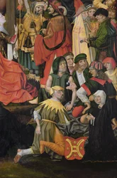 Soldatene trekker lodd om Kristi klær, detalj fra The Crucifixion, ca. 1500 (se 148971 og 150815)