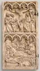 Blad fra en diptyk med korsfestelsen og fødselen, tysk, ca. 1375-1400.