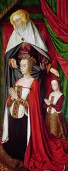 Bourbon-altertavlen, høyre panel som viser St. Anne som presenterer Anne av Frankrike (1476-1514) og hennes datter, Suzanne av Bourbon (1491-1521) ca. 1498