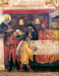 Altertavle av Saint Nicholas, Saint Clare og Saint Anthony. Detalj. Scene fra livet til Saint Nicholas Tabla con escena de la vida de San Nicolas. Maleri av Mesteren av OBISPO GALIANA (1300-tallet). Fra kirken Sant Nicolas Vell i Porto, P