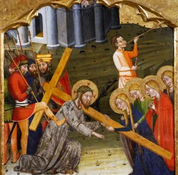 Jesus bærer korset, av Mesteren av Rubio (1300-tallet), predella av altertavlen fra kirken Santa Maria, Rubio, maleri på tre.