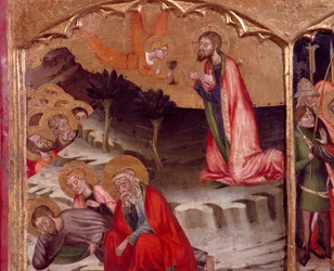 Kristus i olivenhagen, en engel holder nattverd, av Mesteren av Rubio (1300-tallet), predella av altertavlen fra kirken Santa Maria, Rubio, maling på tre.